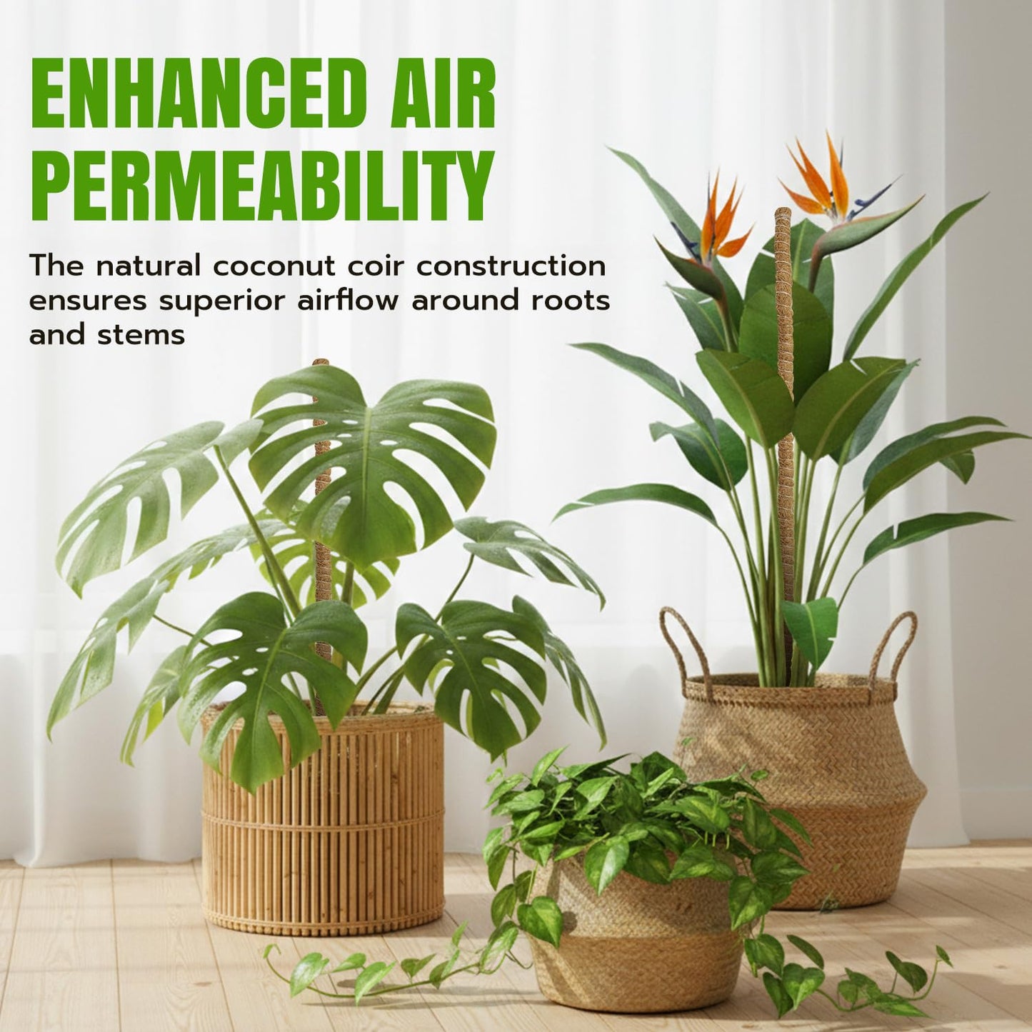 Mcbazel 2 Pack Bendable Moss Pole Kit (47" & 23") for Plants Monstera - Mixed Size Coco Coir Plant Support Stakes for Tall & Medium Indoor Vines - Flexible Totem Stick with Full Garden Ties
