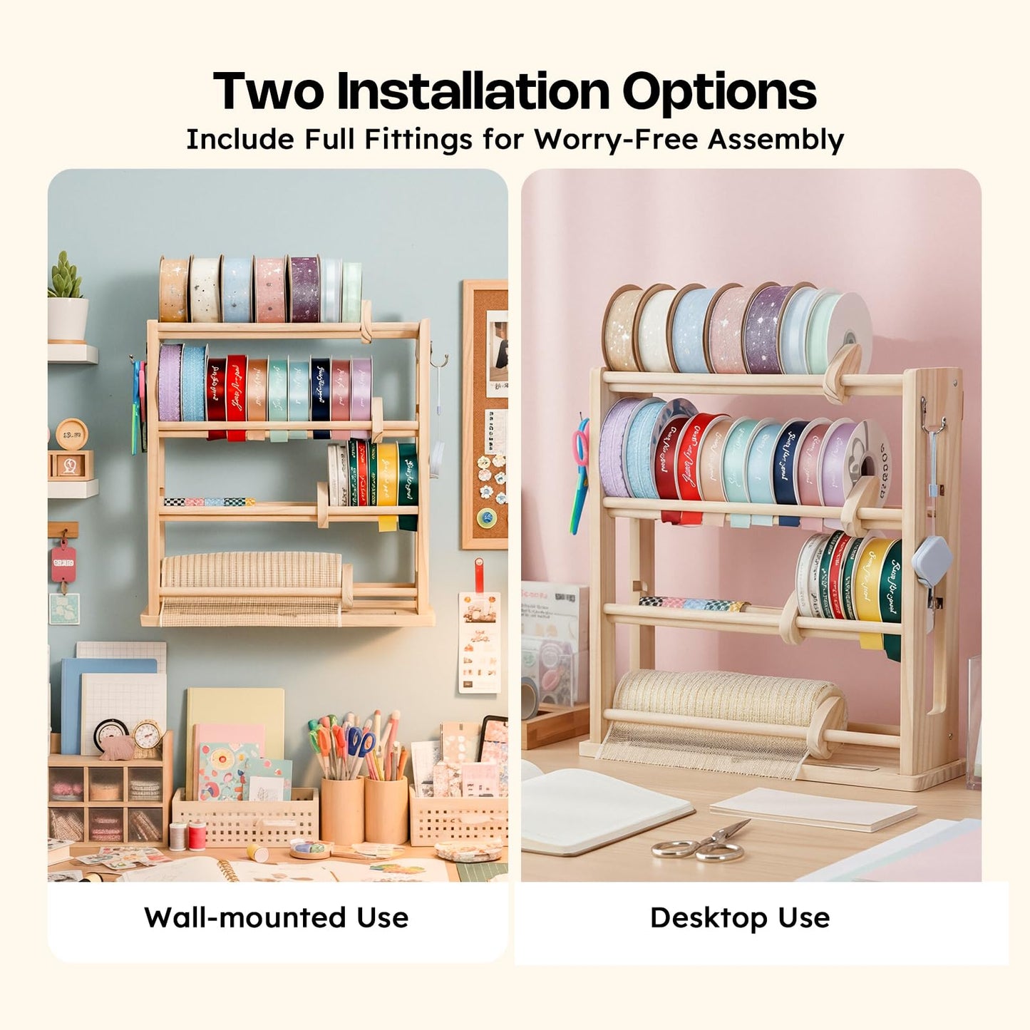 𝐂𝐫𝐚𝐟𝐢𝐭 Ribbon Storage Rack, 4-Tier Ribbon Organizer Spool Holder Dispenser, Display Sewing Thread Mesh Ribbon Wreath Washi Tape for Craft Room Shops Boutiques Florist Gift Wrapping