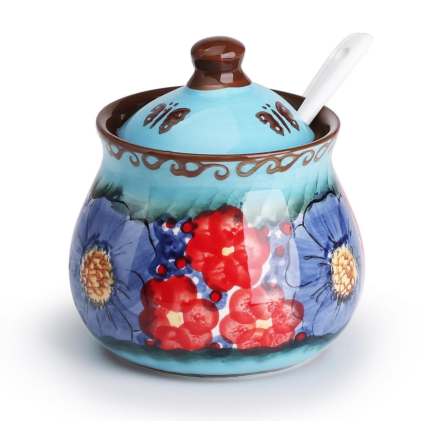 silesia Handmade Sugar Bowl with Lid and Spoon, 9 Ounce Ceramic Hand-Painted Sugar Jar for Home in Gift Box, Kitchen Decor, Oven, Dishwasher & Microwave Safe, Glazed Blue