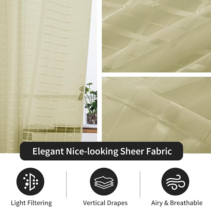 SpaceDresser Check Sheer Curtains 54 Inches 2 Panels Set, Rod Pocket Plaid Window Curtain for Living Room, Sage Green Semi Sheer Drapes for Kitchen Bedroom Children Room Yard（Sage Green, 52W x 54L）