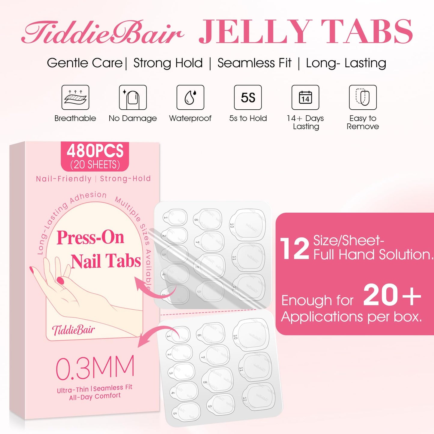 480pcs Strong Hold Nail Adhesive Tabs for Press On Nails –20 Sheets 480pcs 12 Sizes, 0.3mm Ultra Thin Waterproof Breathable Nail Glue Stickers, Daily Wear and Gentle Removal
