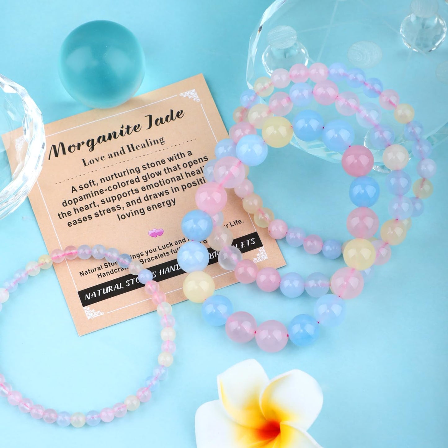 AD Beads 4mm Handmade Morganite Jade Elastic Bracelet – Natural Gemstone for Joy & Positivity – Meditation, Yoga, Healing and Energy Gift for Men Women