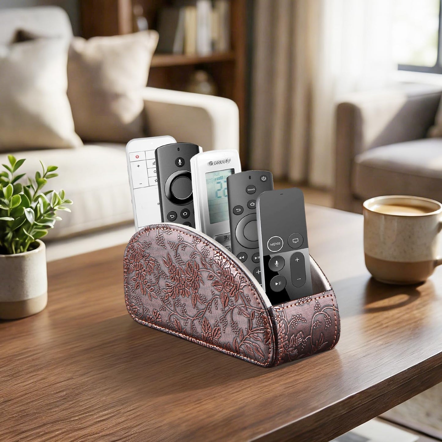 YAPISHI All-in-One Leather Brown TV Remote Holder with 5 Compartments Nightstand Desktop Media Player Remote Caddy Storage Box Organizer Tray for Mobile Office Phone Controller