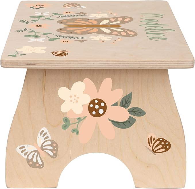 Step Stool for Toddlers- Personalized Wood Kids Step Stool with Name for Kitchen Sink, Bathroom, Potty Training, Toilet, Kitchen Sink- Sturdy and Safe- Made in USA by BloomOwl (Butterfly)