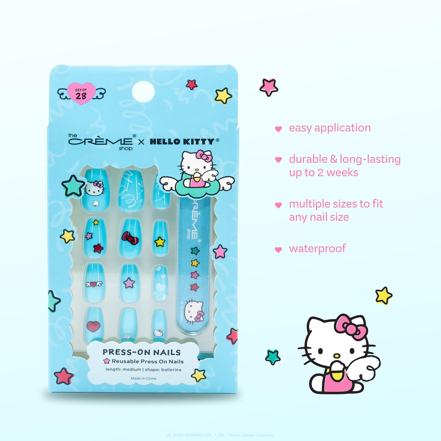 The Crème Shop x Hello Kitty Wings Collection Press On Nails, Short Squoval Shape, 28 Nails Kit with Glue and Tools (Kawaii Vacation)
