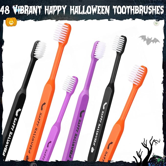 Happy Halloween Toothbrushes, Individually Wrapped Toothbrush for Giveaways, Halloween Toothbrushes Spooky Dental Care Trick or Treat(48 Pcs)