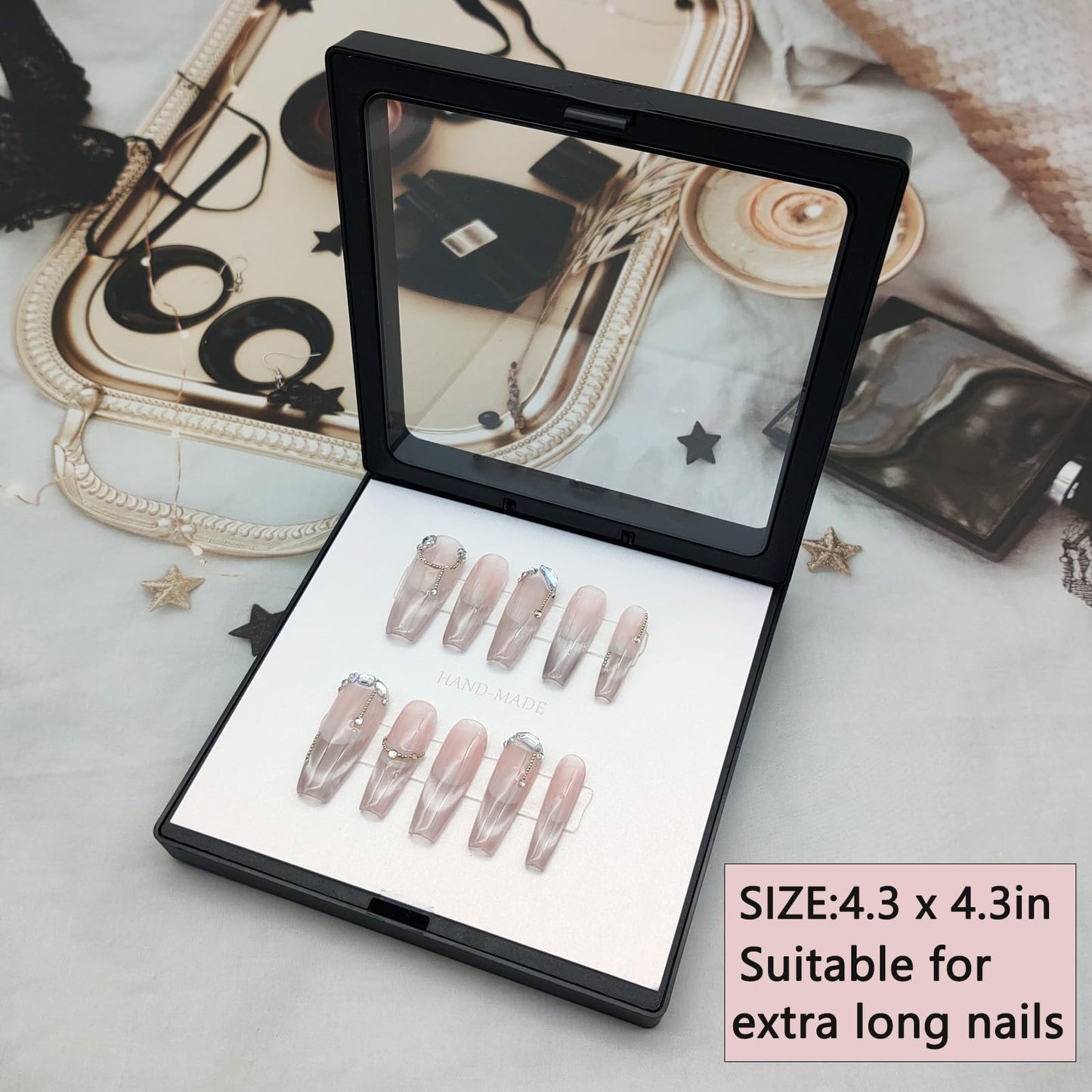 GUXACU Press On Nail Packaging Boxes - 3D Floating Storage and Display Box With 60pcs Double Sided Adhesive Tape for Nail Tech (Black, 4.3 Inch)