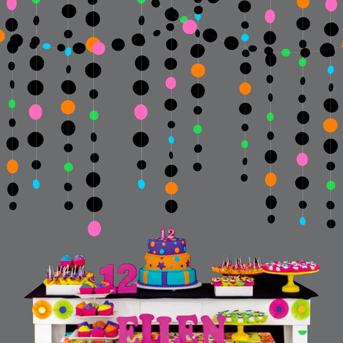 Black and Colorful Circle Dots Hanging Paper Streamer Black Multi-Color Polka Dot Banner for Birthday Bachelorette Wedding Baby Shower Fiesta Disco Halloween Party Decorations Supplies