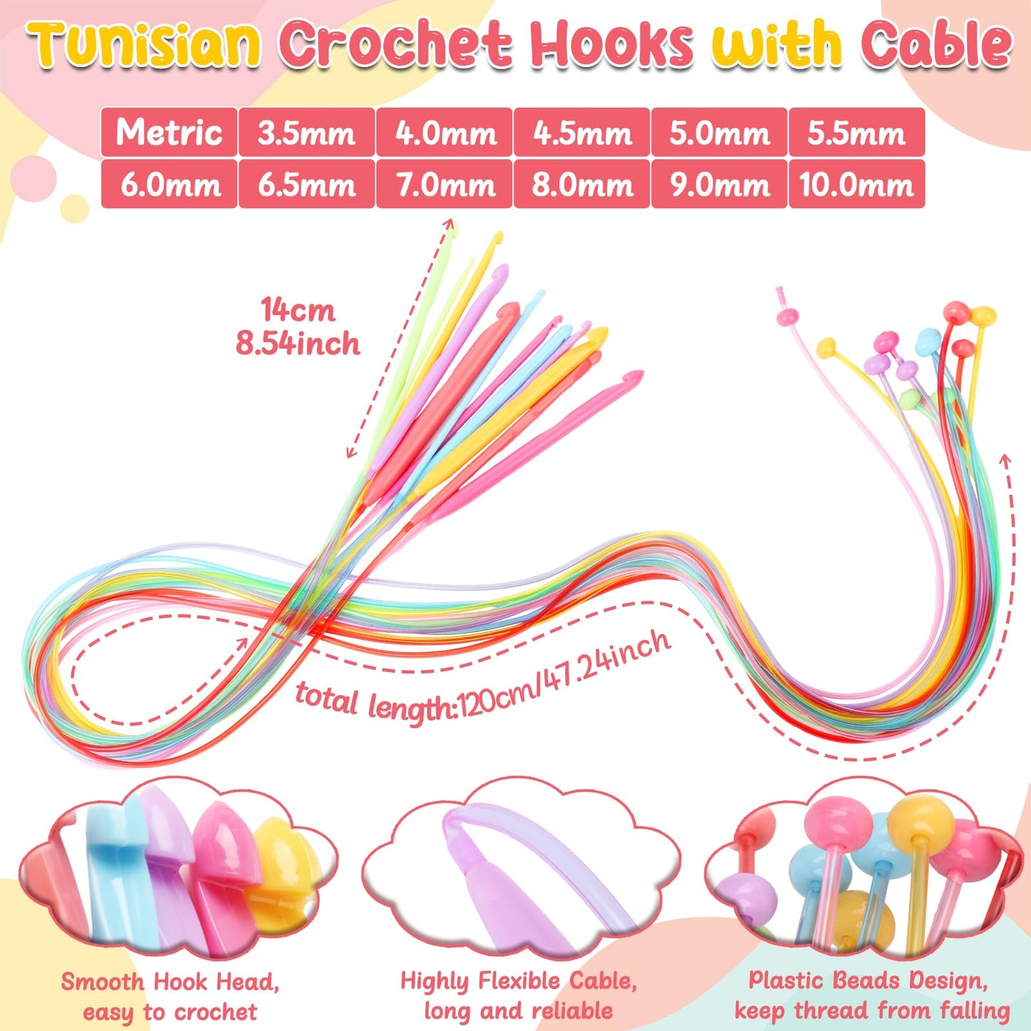 Aeelike Tunisian Crochet Hooks Set with Cable, 11PCS Tunisian Crochet Hook 2-8 mm Aluminum 12 PCS Colorful Afghan Crochet Hooks 3.5-12 mm, Smooth Long Tunisian Crochet Hook with Cable for Beginner