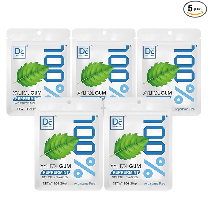 DC24 DAILY CARE 100% Xylitol Gum, Aspartame Free, Sugar Free Peppermint Chewing Gum, Natural Flavors, Gluten Free, Vegan, 20 Pieces, Pack of 5