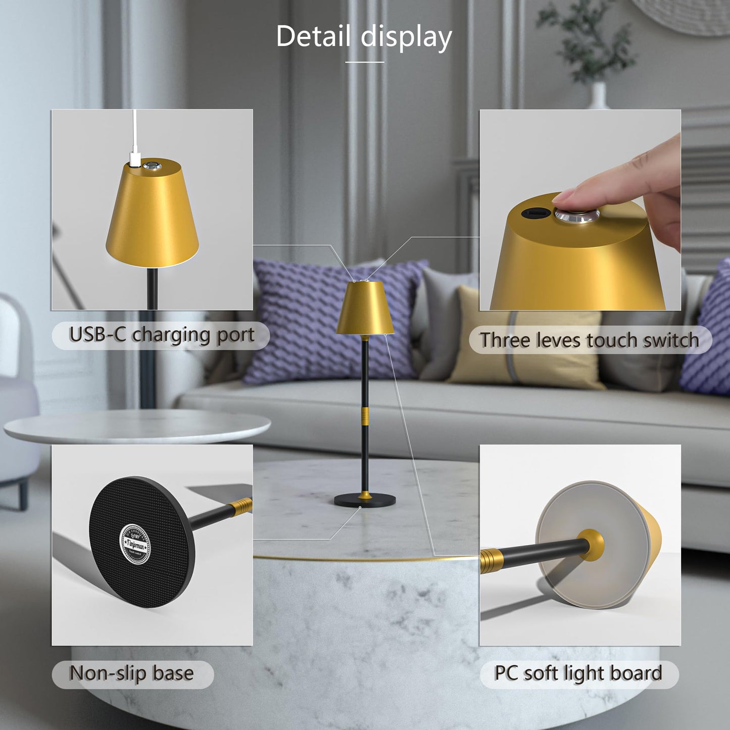 Timjorman 2-Pack Cordless Table Lamps - 5000mAh Rechargeable Battery Operated Desk Lamp, 3-Level Dimmable LED Night Light for Bedroom, Dining, Restaurant - Metal Design(Gold&Black 2-Pack)