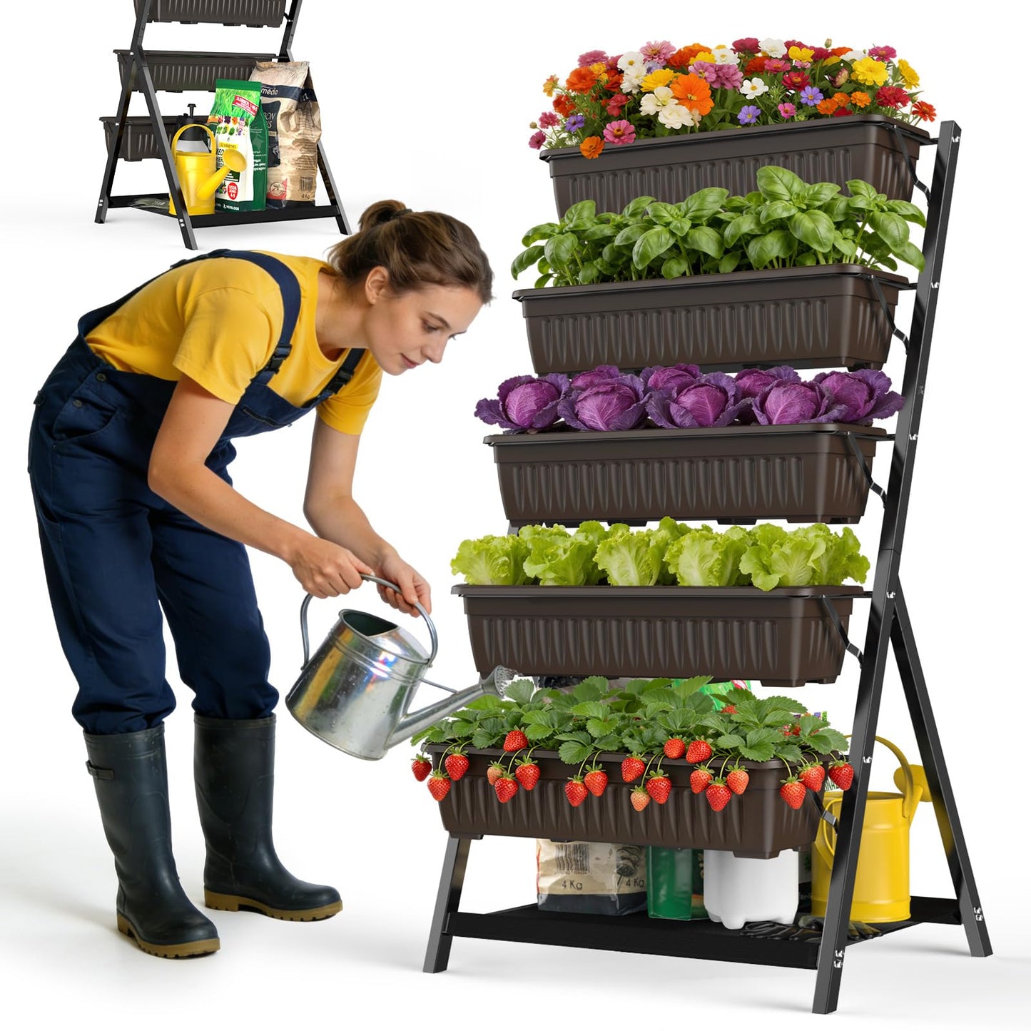 Olaiti 5-Tier Vertical Garden Bed Planter Boxes with Drainage System & Storage Space, Freestanding Vertical Garden Planter with 5 S-Hooks for Plants Vegetables Flowers Herbs in Garden Patio Yard