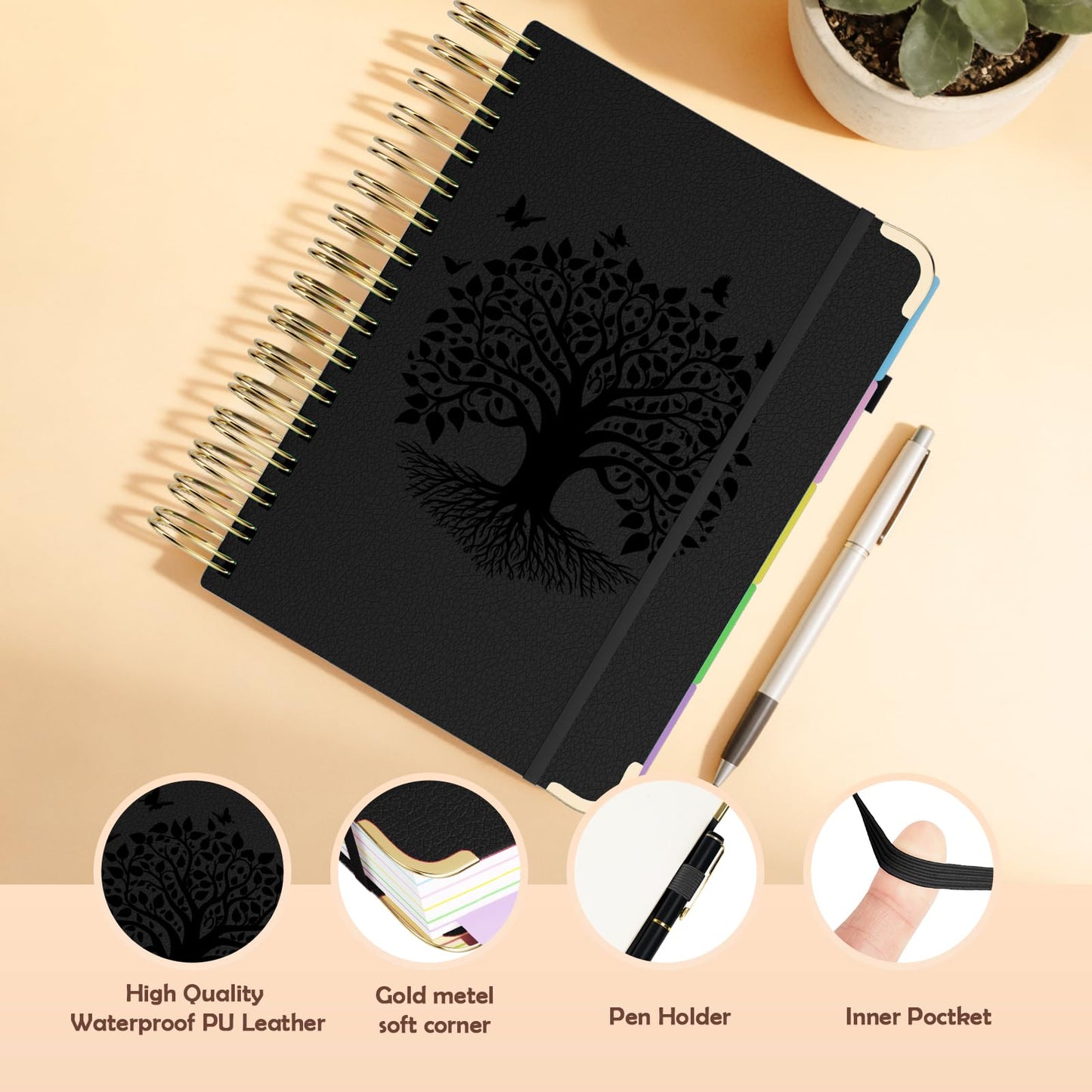 QIYVLOS Hardcover Spiral Notebook, B5 Journal with Removable Dividers Tabs, 5 Subject Notebook College Ruled, 320 Pages 8"x10" Leather Notebooks for Work School Study, Lined Journal for Women, Black
