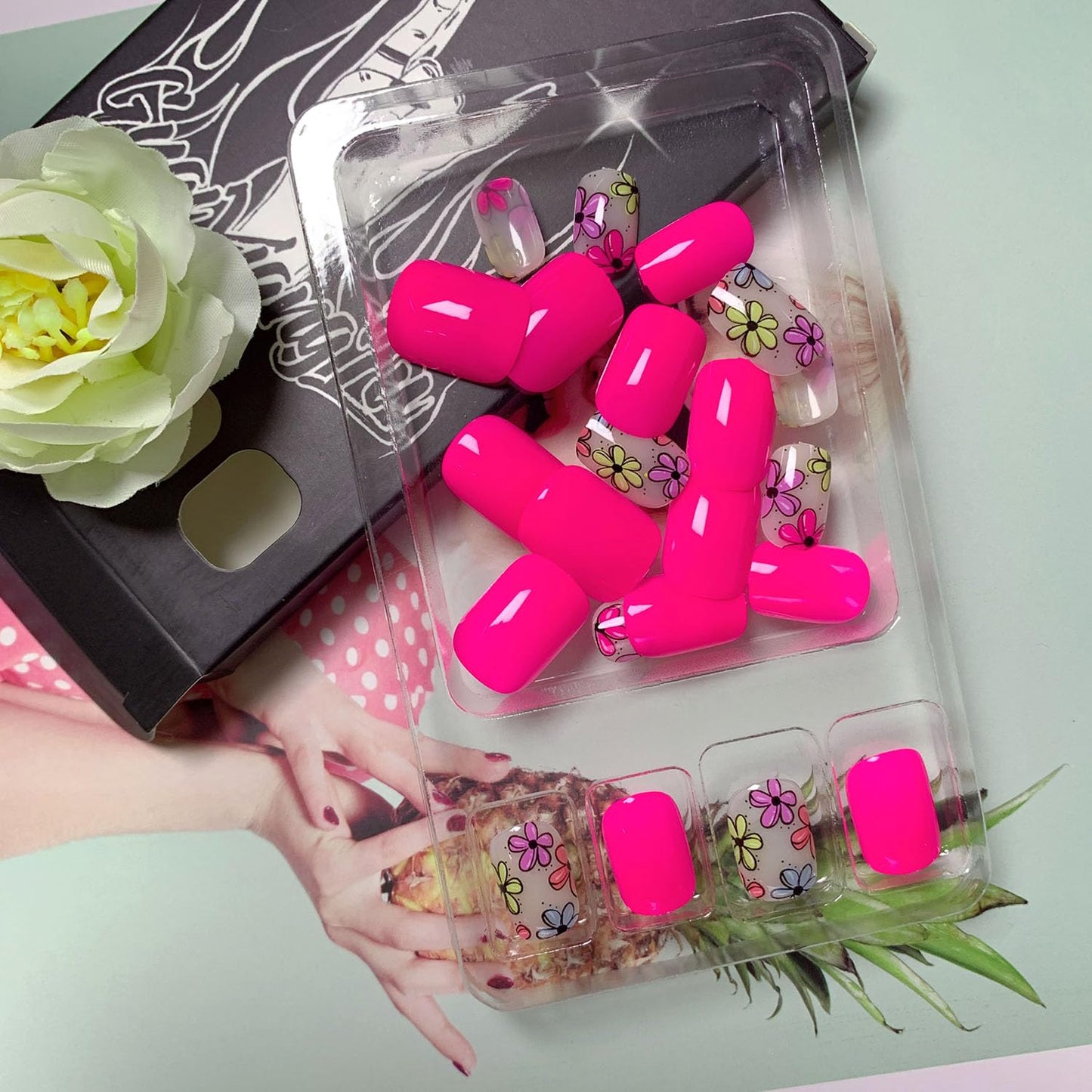 Rose Red Press on Nails Short Square Fake Nails with Spring Designs Colorful Flowers Full Cover Nails Press ons Cute Artificial False Nails for Women 24 Pcs
