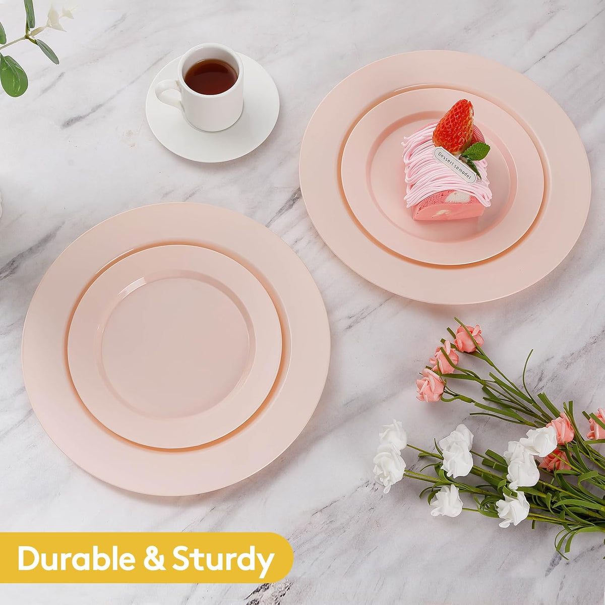 Goodluck 200PCS Disposable Pink Plastic Plates, Heavy Duty Disposable with 100 10.25 inch and 100 7.5 inch Dessert Plates for Party, Wedding, Baby Shower, Valentines