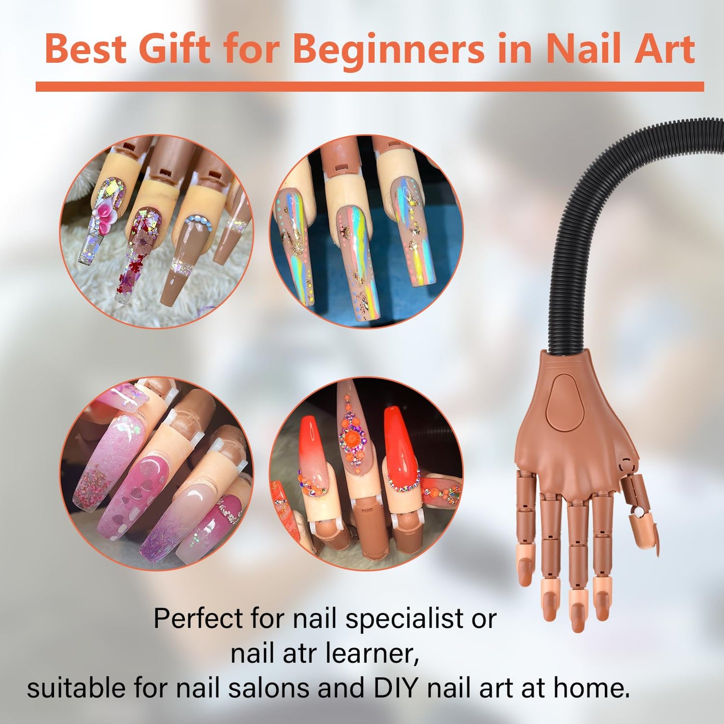 NXJ INFILILA Practice Hand for Acrylic Nails, Flexible Moveable Nail Practice Fake Hand, Manicure Trainng Kits with 200PCS Nail Tips, Files and Clipper, for DIY Manicure Salon Supplies Techs
