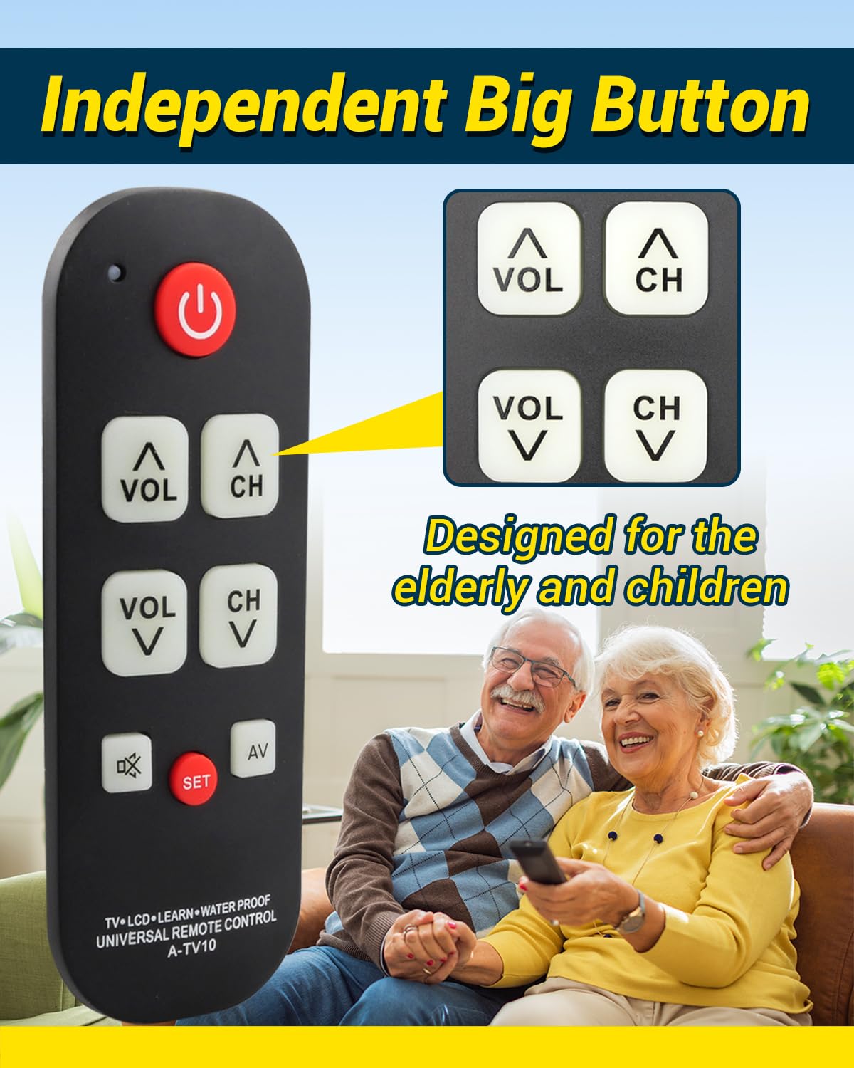 FurnyQuaint Big Button TV Remote Waterproof Control Remoto Universal para TV with Glow Keys for Seniors with Learning Functions Easy to Use and Set Up for Smart TV & Cable Box Controller
