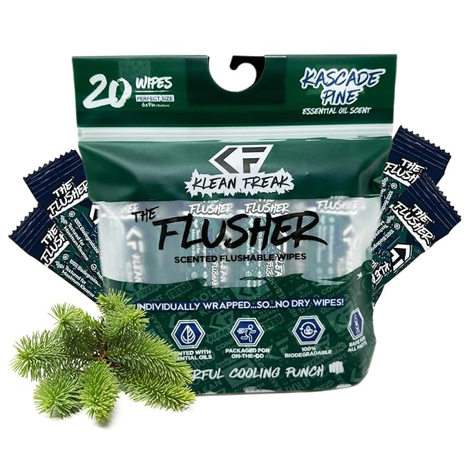 THE KLEAN FREAK FLUSHER - Flushable Wipes For Adults & Kids - 100% BIODEGRADABLE Individual Wrapped Travel WET Wipe for Toilet - Soothing Aloe & Witch Hazel - Alcohol Free 20 Pack - Kascade Pine
