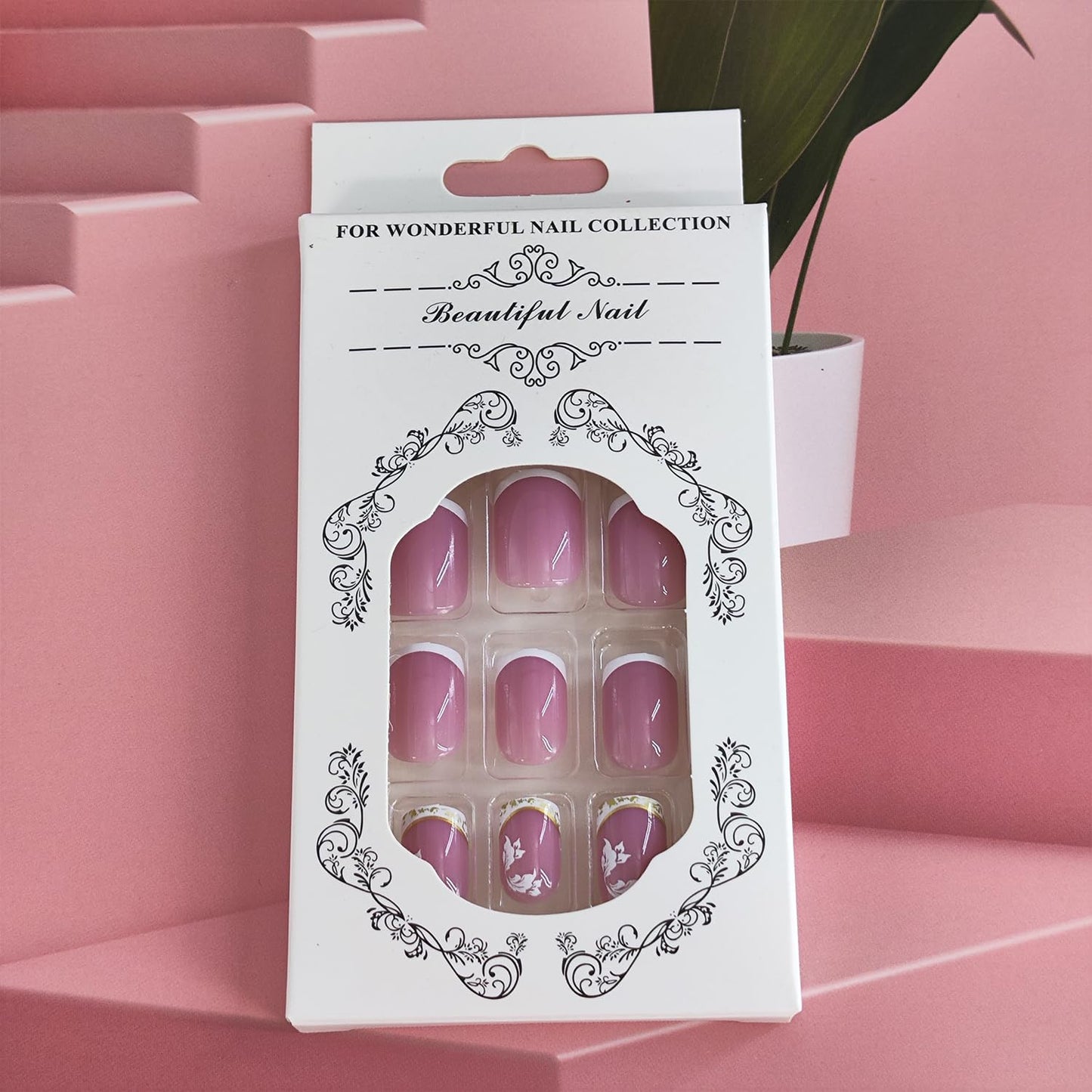 White French Tip Press on Nails Short Square Fake Nails with Flower Designs Summer Floral Glue on Nail Reusable Artificial Extra Short Acrylic Full Cover Stick on False Nail for Wedding Women 24 Pcs