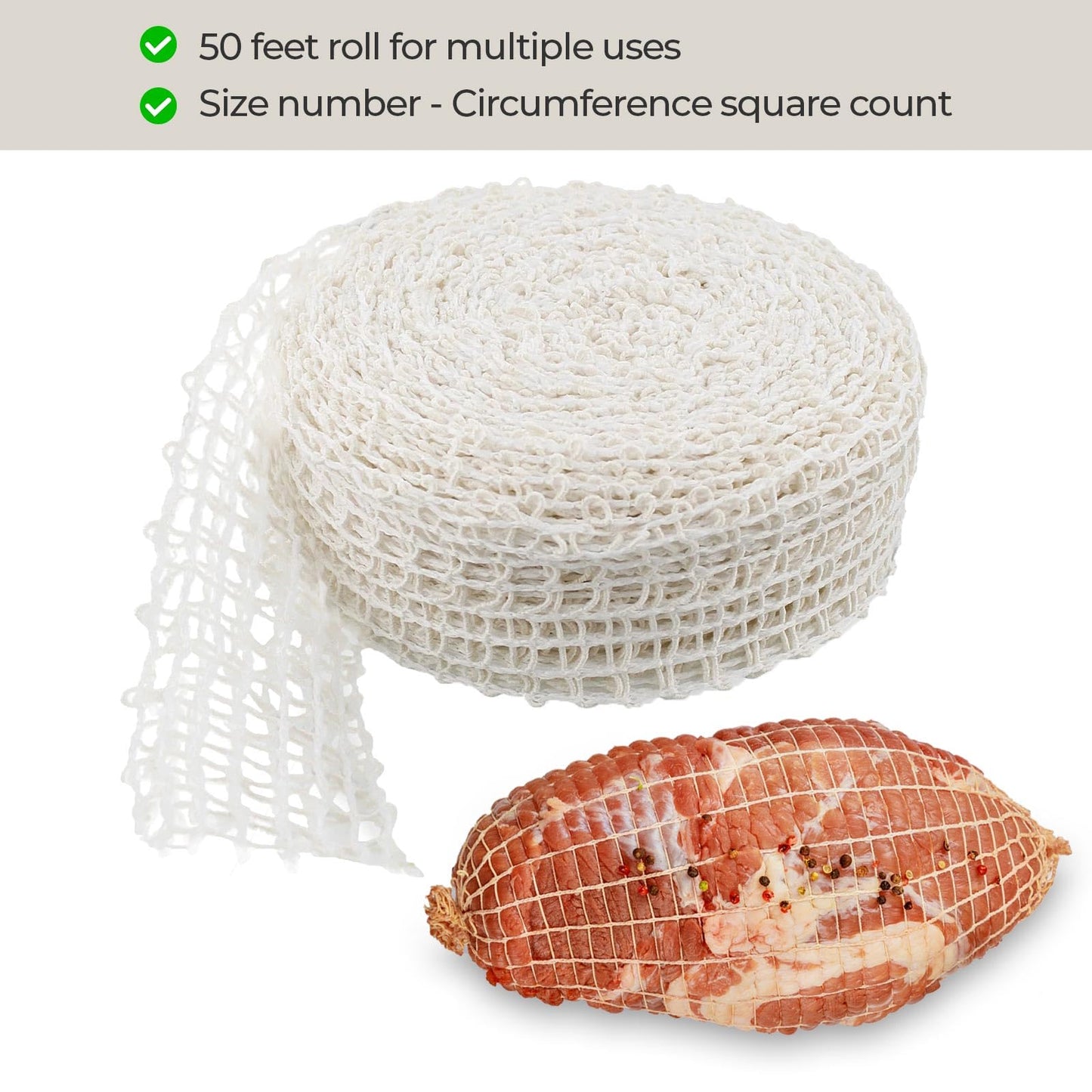 The Sausage Maker® 50ft Meat Netting Roll Size 8, Elastic Butchers Twine Cooking String Food Net For Pepperoni, Chorizo, USA Made, BPA Free Stretchable Poly-Cotton Mesh, 1.5-2.5" Dia