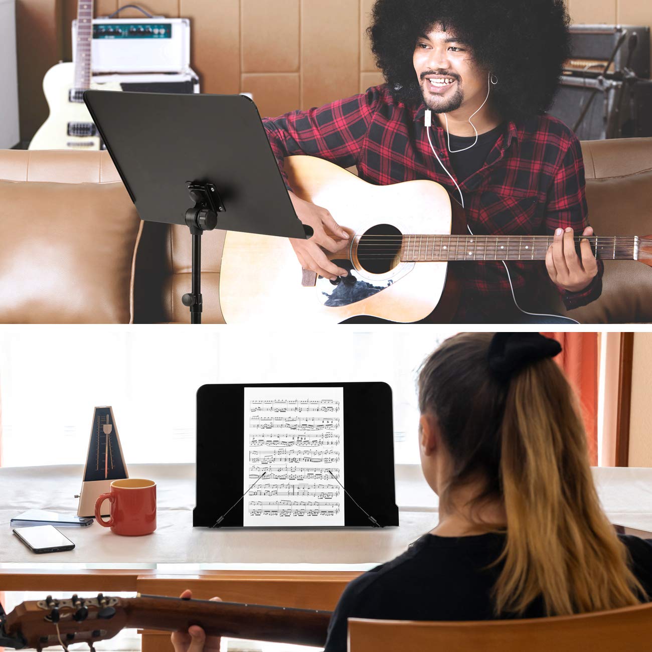 CAHAYA Music Stand for Sheet Music - Dual-use Converts to Desktop Stand Portable& Foldable 31.4-57in Height Adjustable Sturdy to Holds Thick Book or Tablet Include Carrying Bag Sheet Music Folder Clip