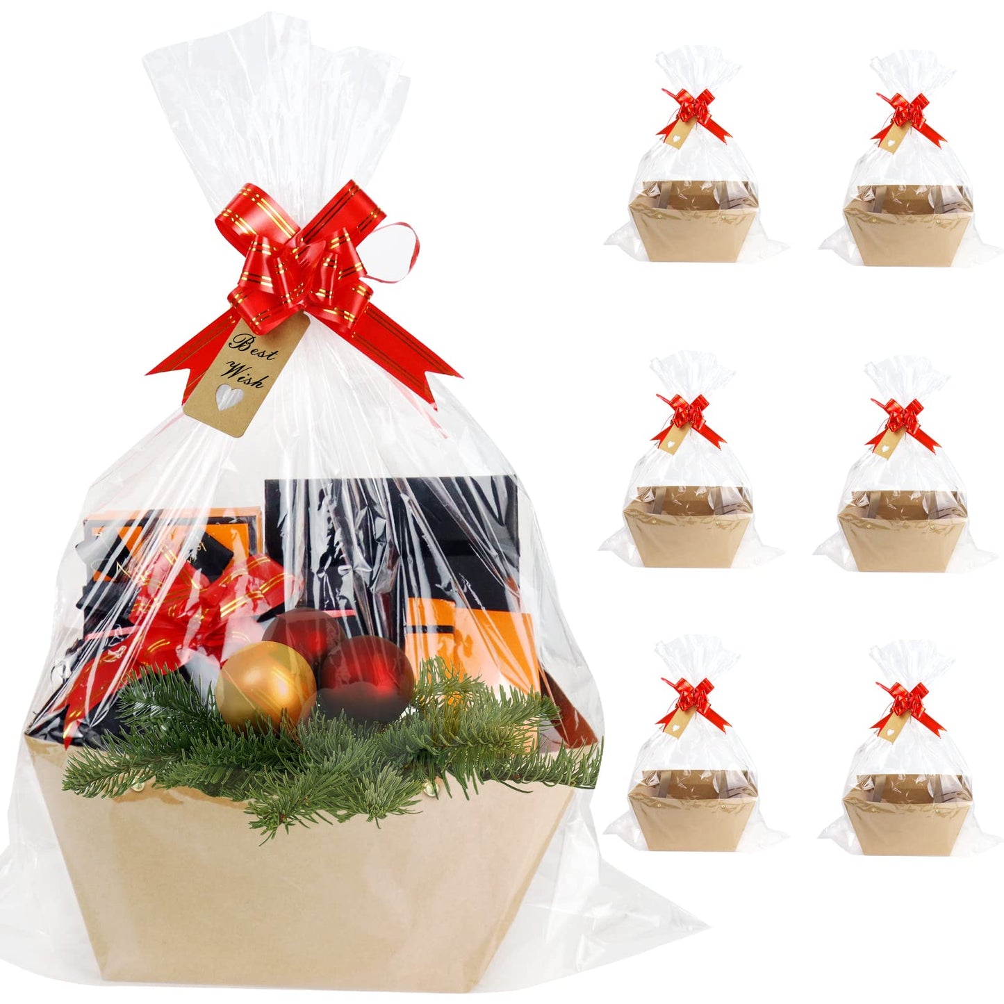 KEVTVEK Bigger Baskets for Gifts Empty, 6 Pack Sturdy Kraft Basket With Handles Gift Basket Kit, 6 Shrink Wrap Bags, 6 Bows and Hang Tag, Empty Gift Baskets to Fill for Graduation, Baby Shower