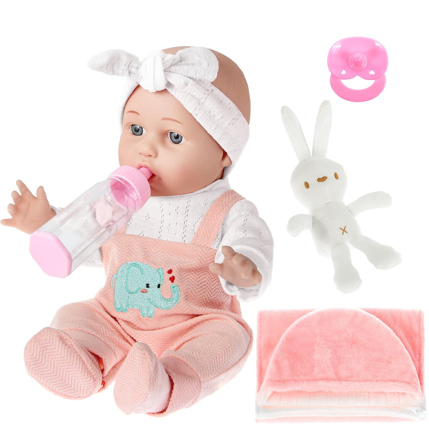 dollbie 12 inch Baby Doll - Adorable Doll and Accessories Including Romper, Sleeping Bag, Feeding Accessories, Rabbit Plush Toy