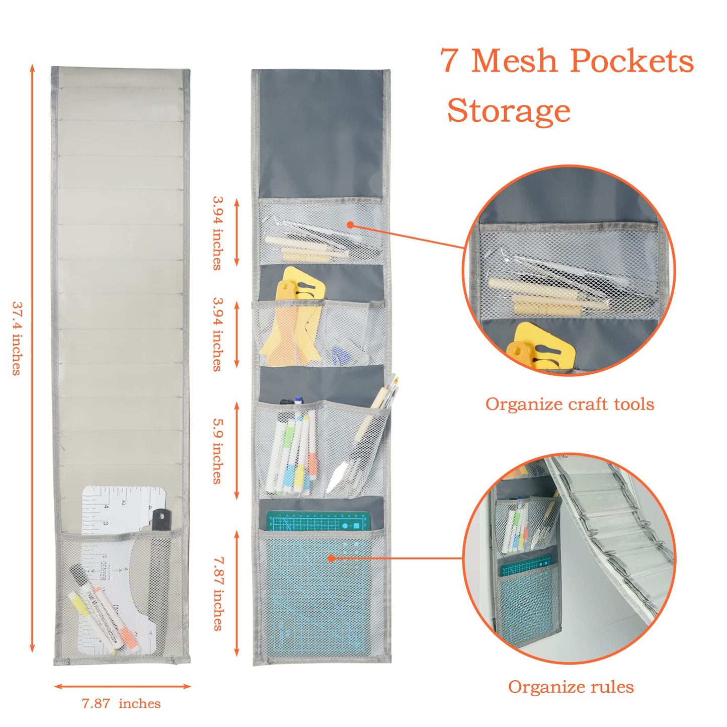 Tunnkit Vinyl Roll Holder - 36 Compartments Vinyl Storage Organizer with 7 Mesh Pockets Storage, Wall Mount/Over The Door Vinyl Roll Storage, with 2 Hooks and 2 Hanging Straps (Grey)