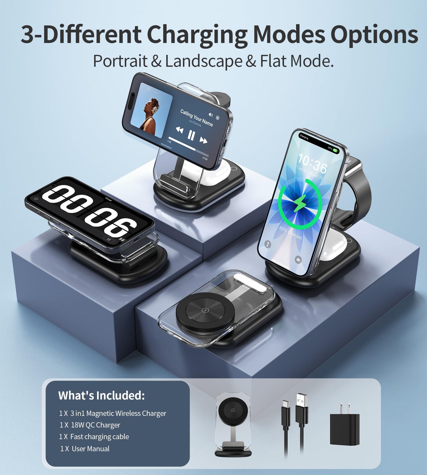 3 in 1 Magnetic Wireless Charging Station for Apple Devices, Fast Foldable Travel Mag-Safe Charger Stand with Night Light for iPhone 17 16 15 14 13 12 Series, Apple Watch/AirPods Pro-Gift for Friends