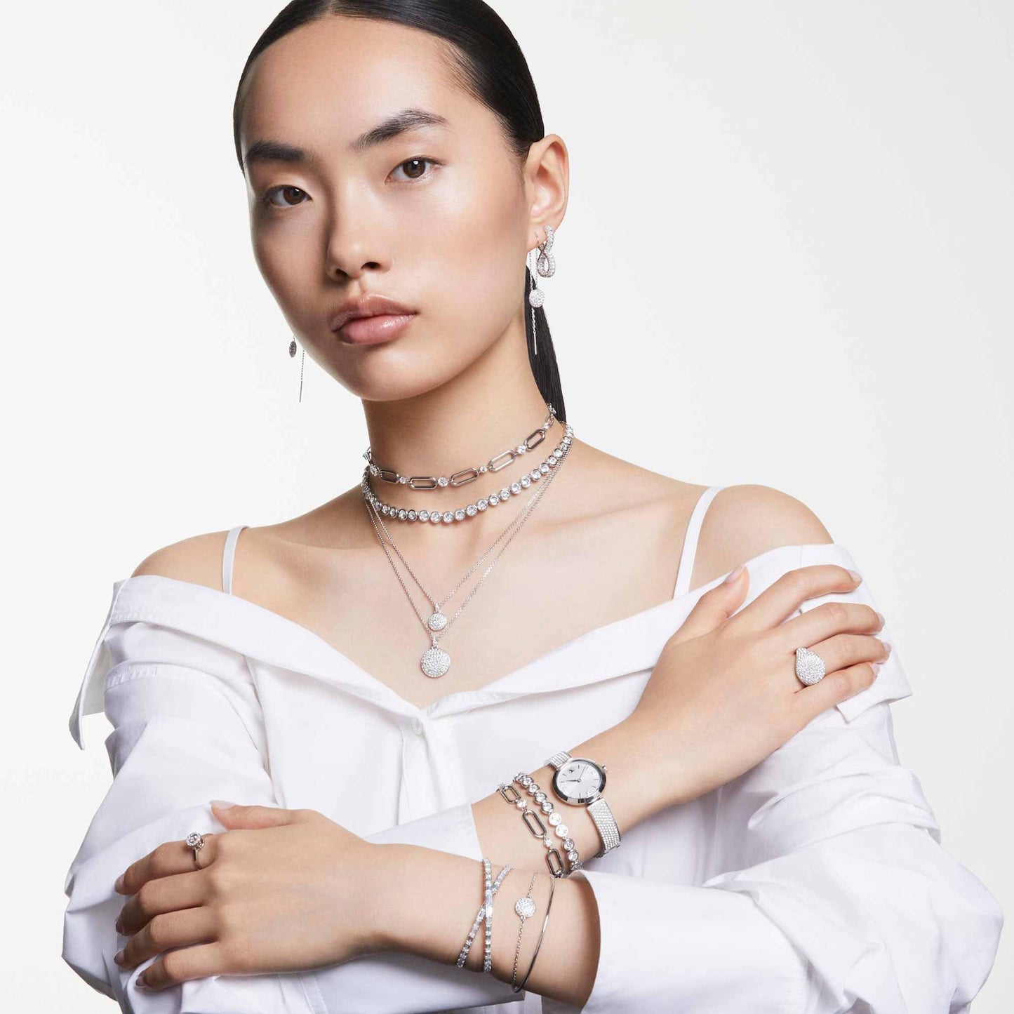 Swarovski Imber Tennis Necklace, All-Around Strand with Clear Round-Cut Crystals in a Rhodium-Finished Setting, Part of the Imber Collection