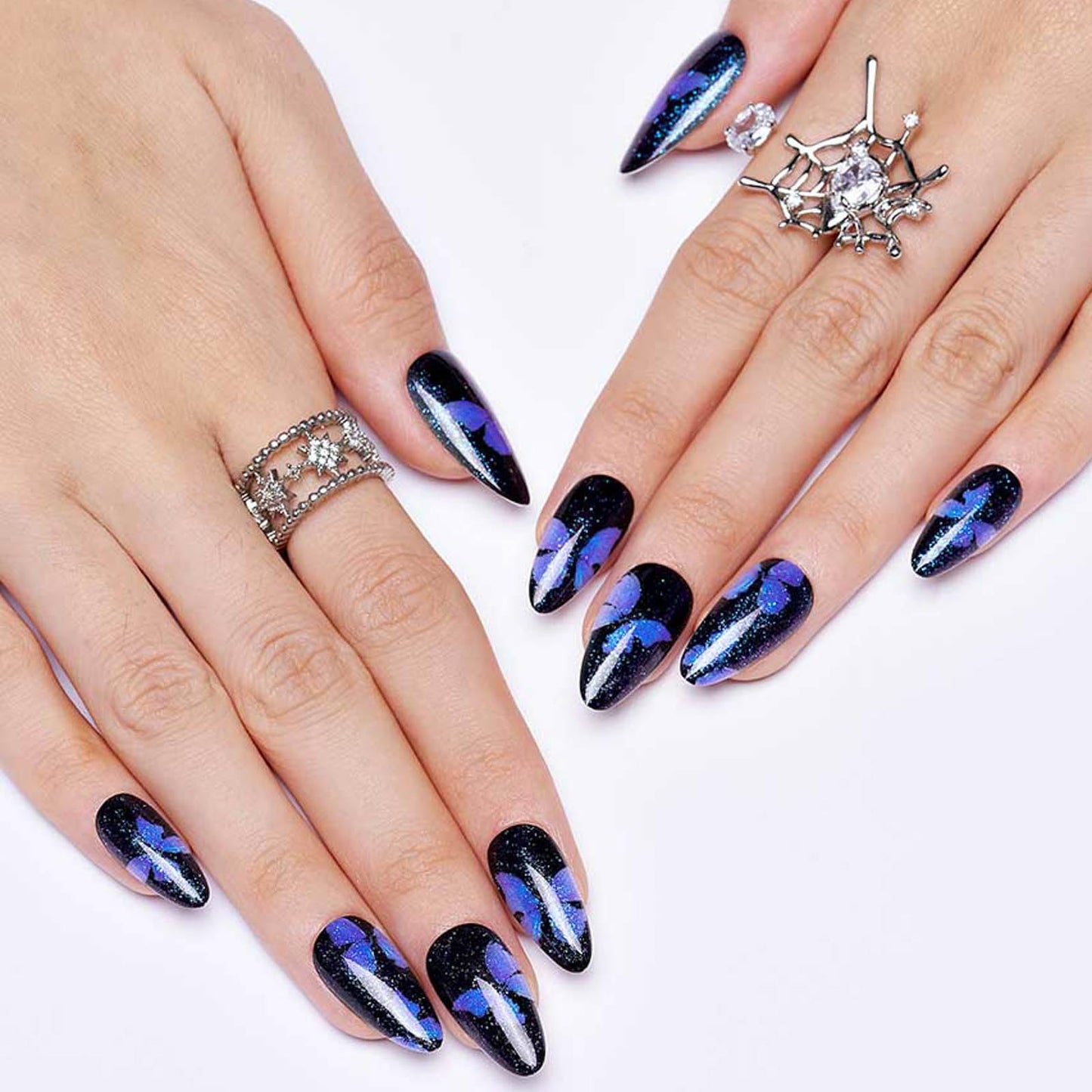 GLAMERMAID Press on Nails Almond，Gothic Blue and Nude Glue on Nails Set,48 Pcs Glossy Short Press on Nails with Butterfly Design,False Nails for Women Girls Gift