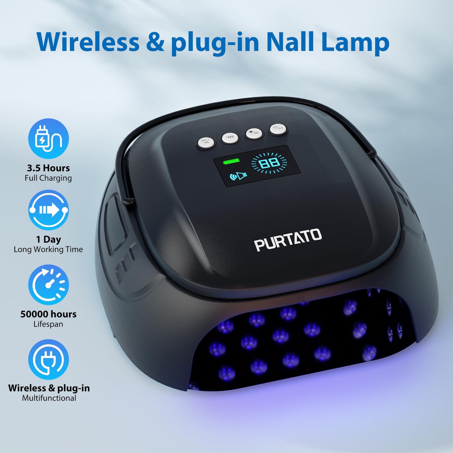 Purtato 126W Cordless Rechargeable UV LED Nail Lamp with Large Space, Handle and Foot Rest, Fast Curing Gel Nail Dryer with 4 Timers for Salon and Home (Matte Black)