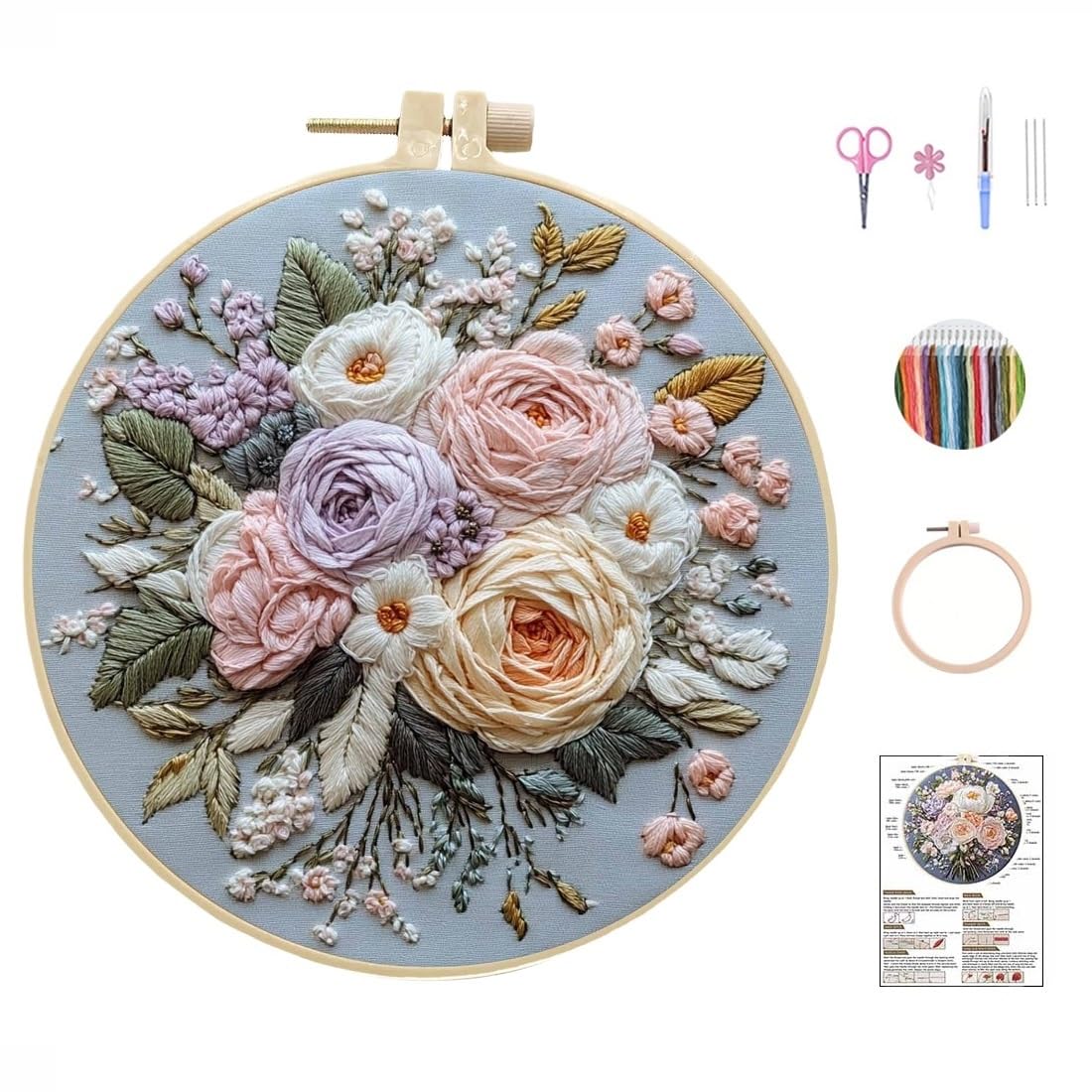 HAOYEGUOJI Embroidery Kit for Beginners, Hand Needlepoint Kits for Adults with Pre-Stamped Patterns, 7.8-Inch Hoop, Threads & Needles, Step by Step Instructions (7.72 in)