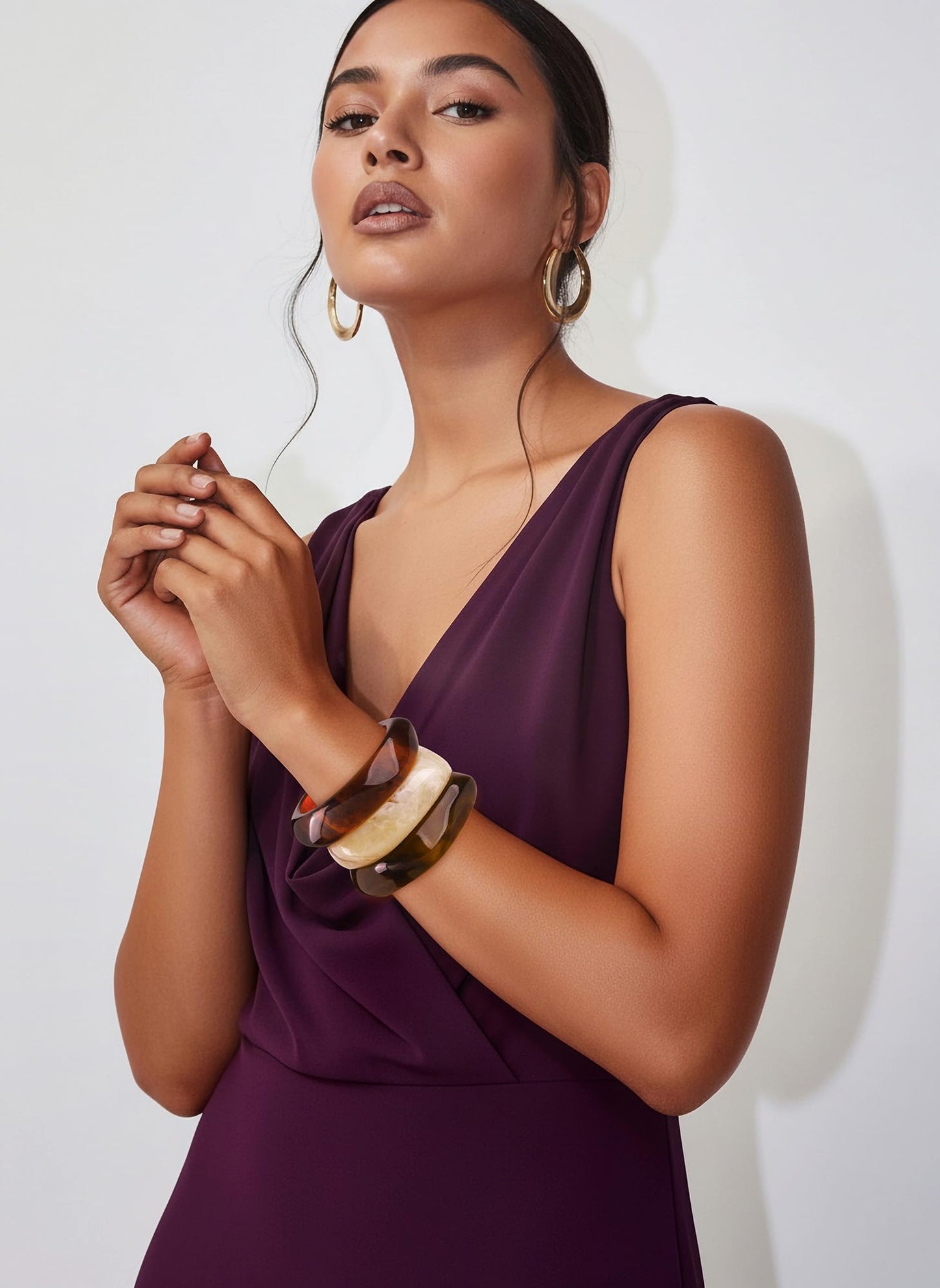 ENSKEFEN 3PCS Chunky Acrylic Resin Bangle Bracelet Set for Women Wide Retro Cream Brown Acrylic Bangles Stackable Statement Geometric Resin Bracelets