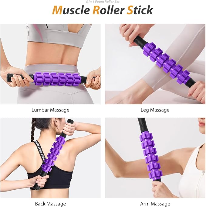 5 in1 Foam Roller Set, Trigger Point Foam Roller, Massage Roller Stick, Massage Ball, Resistance Band for Deep Muscle Massage Pilates Yoga,Fitness Exercise for Whole Body (Purple)
