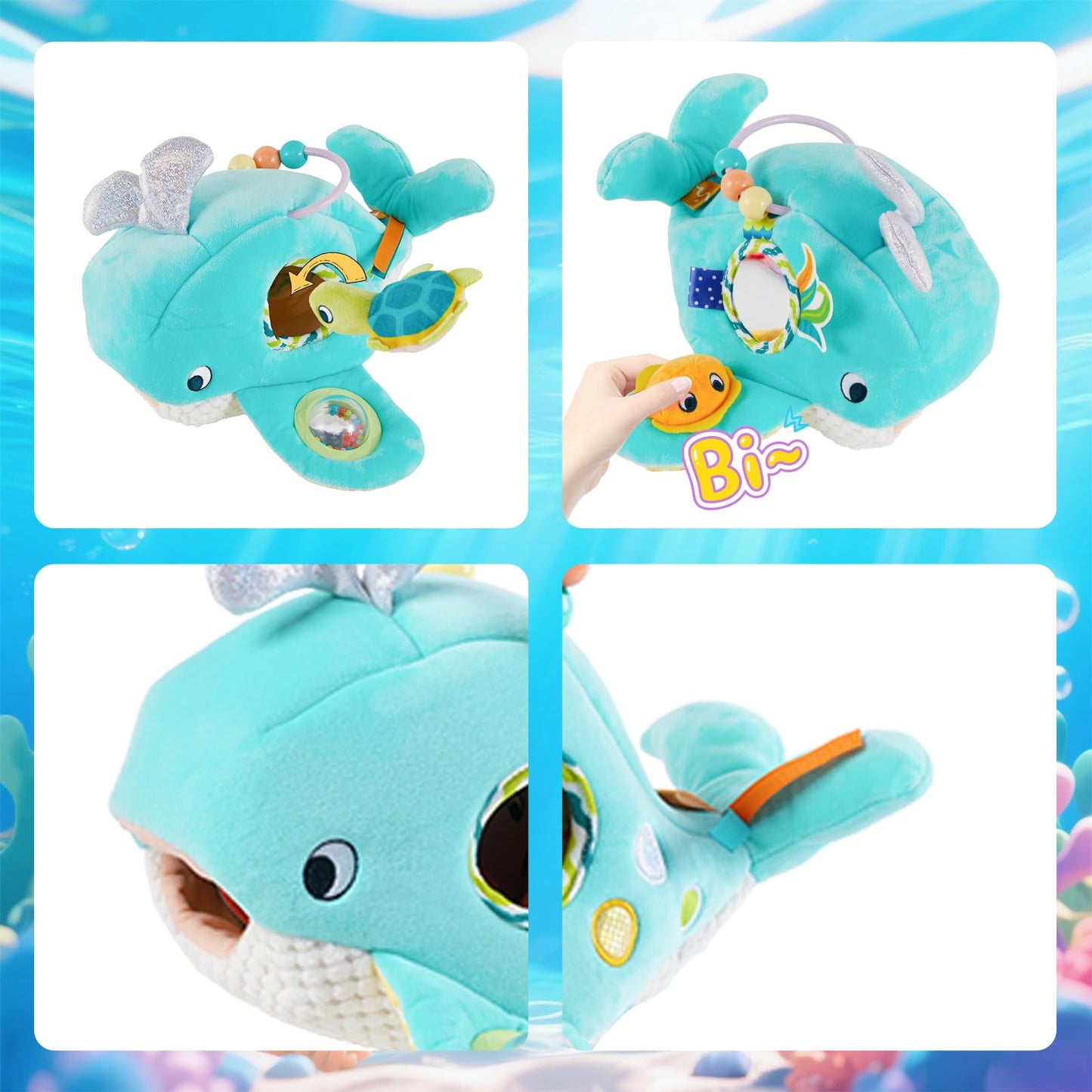 Juivin Soft Rattle Montessori Baby Toys 6-12 Months, Soft Barn Ocean Playhouse with 6 Stuffed Animals, Sensory Development Activity, Toddler Learning Toys (Ocean Whale)
