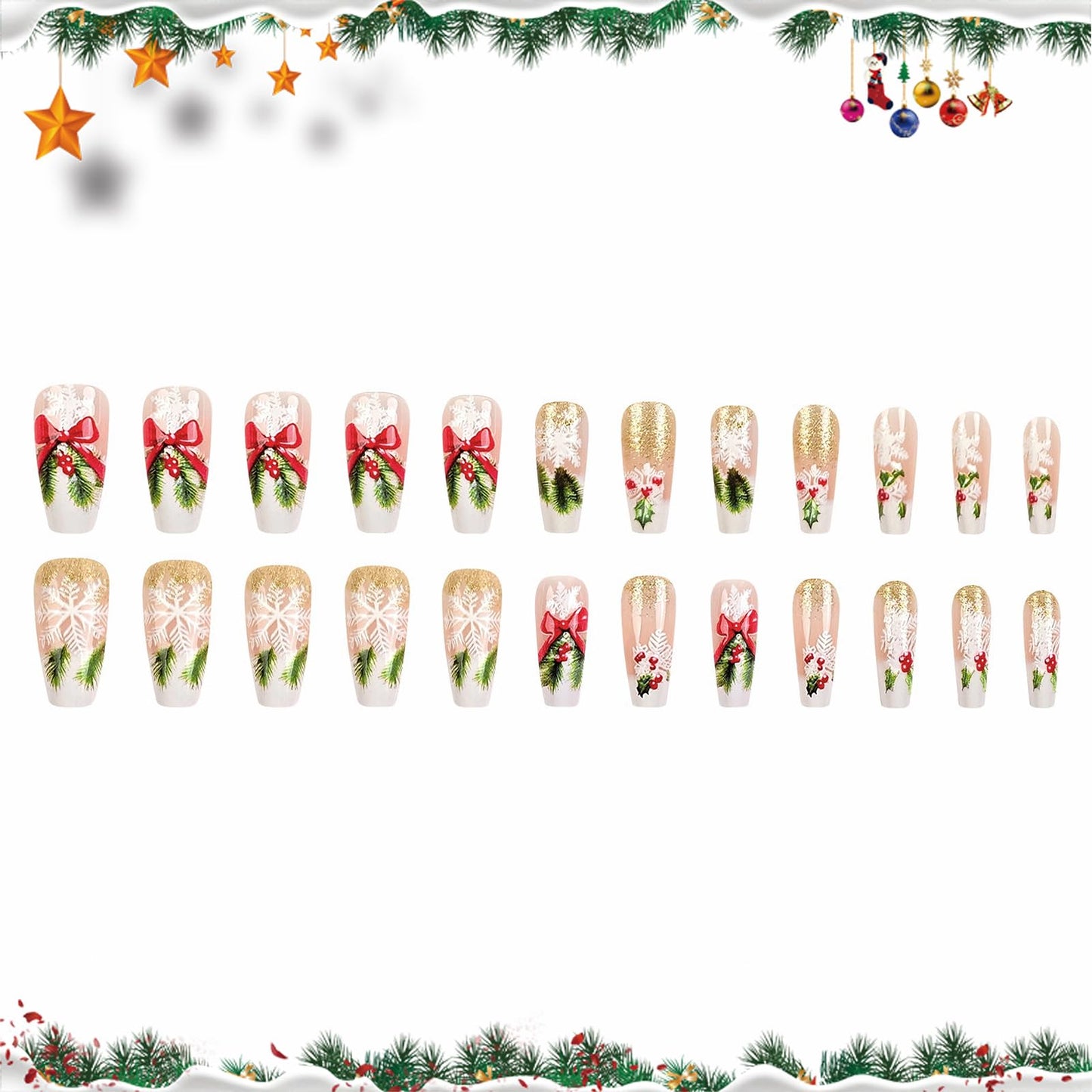 MISUD Press on Nails - Long Coffin Fake Nails with Bling Gold Glitter, Acrylic Xmas Snowflake Design 24 pcs