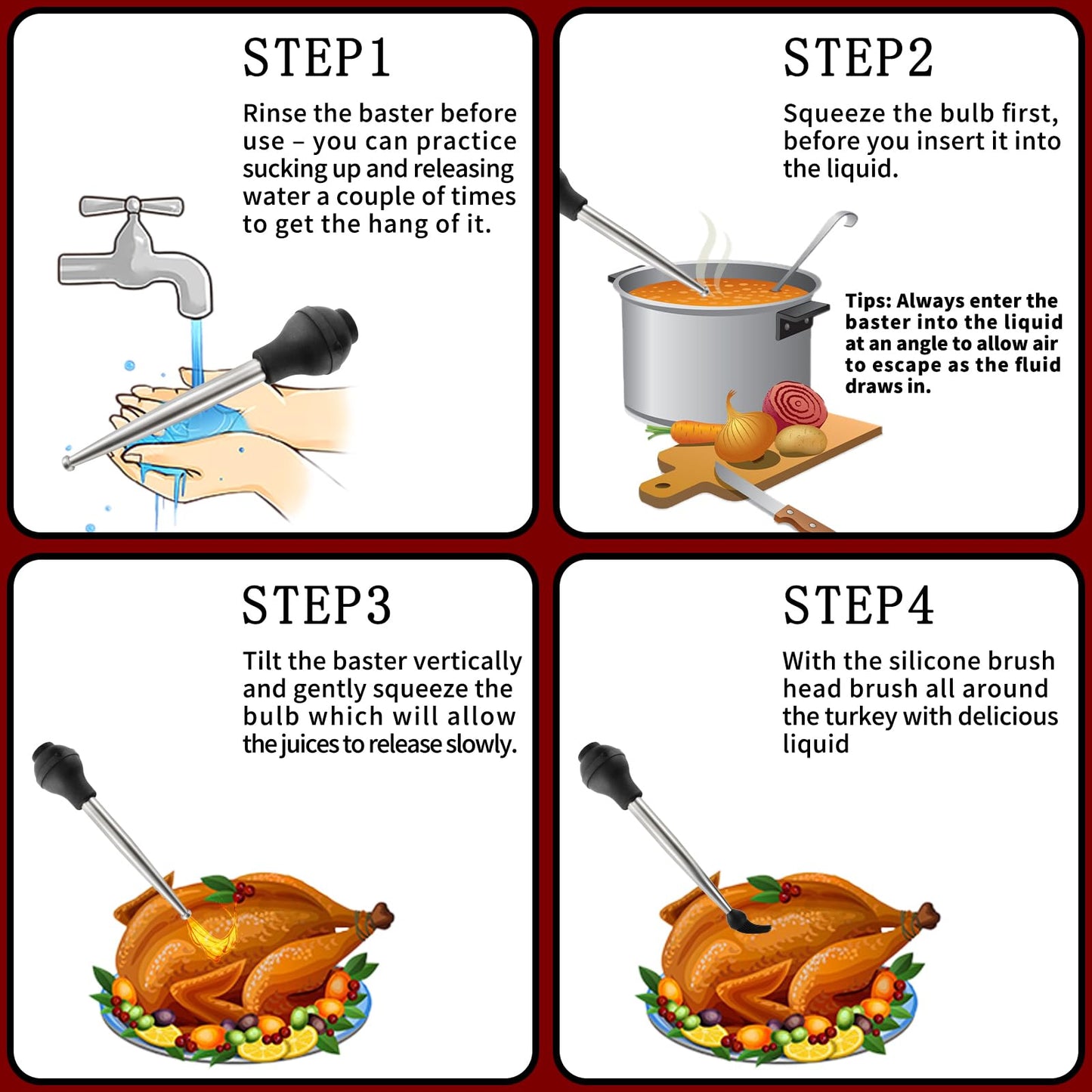 QPMR Turkey Baster With Cleaning Brush, Stainless Steel Baster Tool for Cooking-Baster Syringe for Roaster Turkey, Include 2 Meat Marinade Injector Needles for Thanksgiving