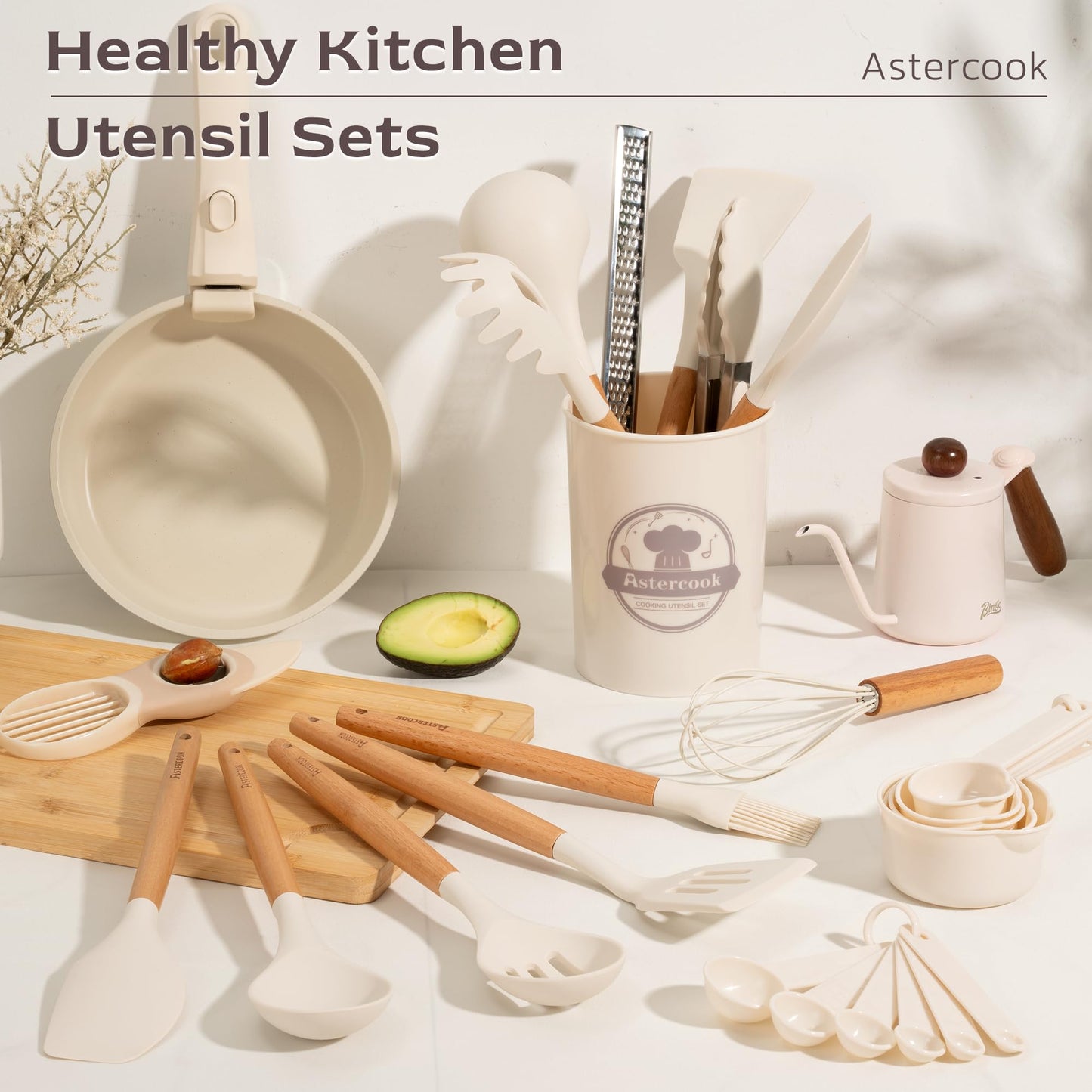 Astercook Kitchen Utensils set, 39 PCS Silicone Cooking Utensils Set with Wooden Handle, 446°F Heat Resistant Food Grade Utensil Sets, BPA Free Kitchen Gadgets Tools Set for Mothers Day Gifts