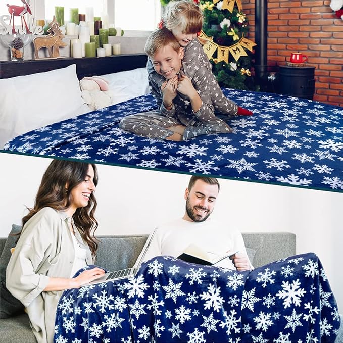 PAVILIA Christmas Throw Blanket | Navy Snowflake Christmas Fleece Blanket | Soft, Plush, Warm Winter Cabin Throw, 50x60 (Navy/White Snowflake)