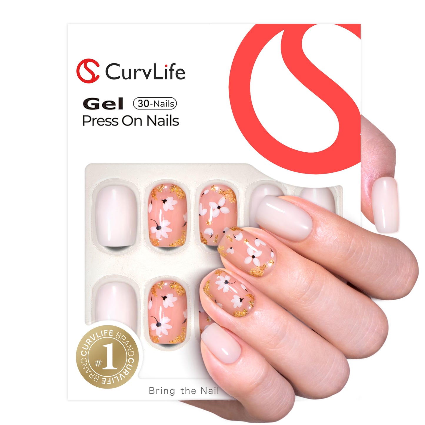 Curvlife 30pcs Soft Gel Press on Nails, Flower Short Square Fake Nail with Apricot Design, Full Cover False Nails Tips Glossy Nude Glue on Nails Artificial Stick on Nails for Women