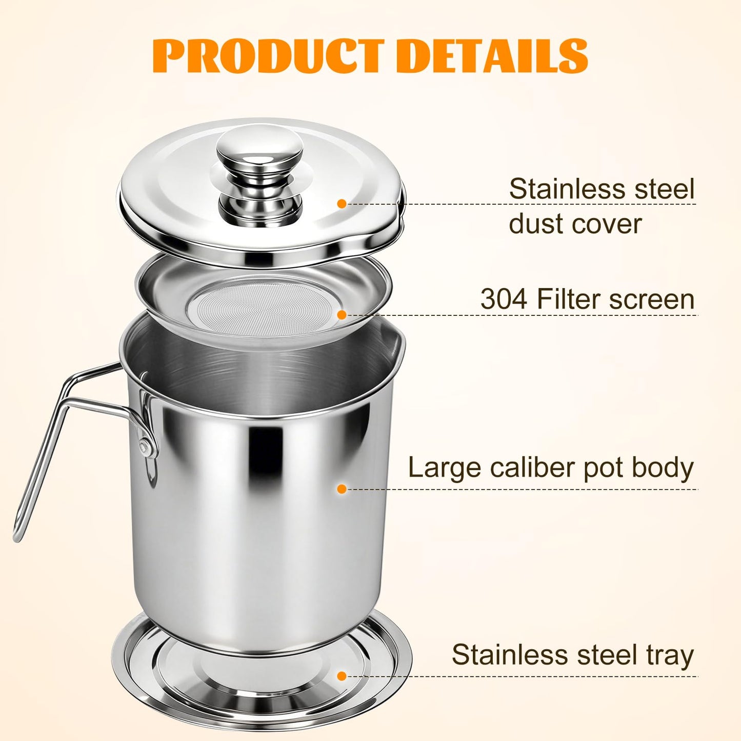 Opifex Bacon Grease Container with Fine Mesh Strainer,2.0L/68oz Stainless Steel Bacon Grease Keeper with Lid and Tray,Large Cooking Oil Storage Can for Frying Oil, Lard, Dishwasher Safe