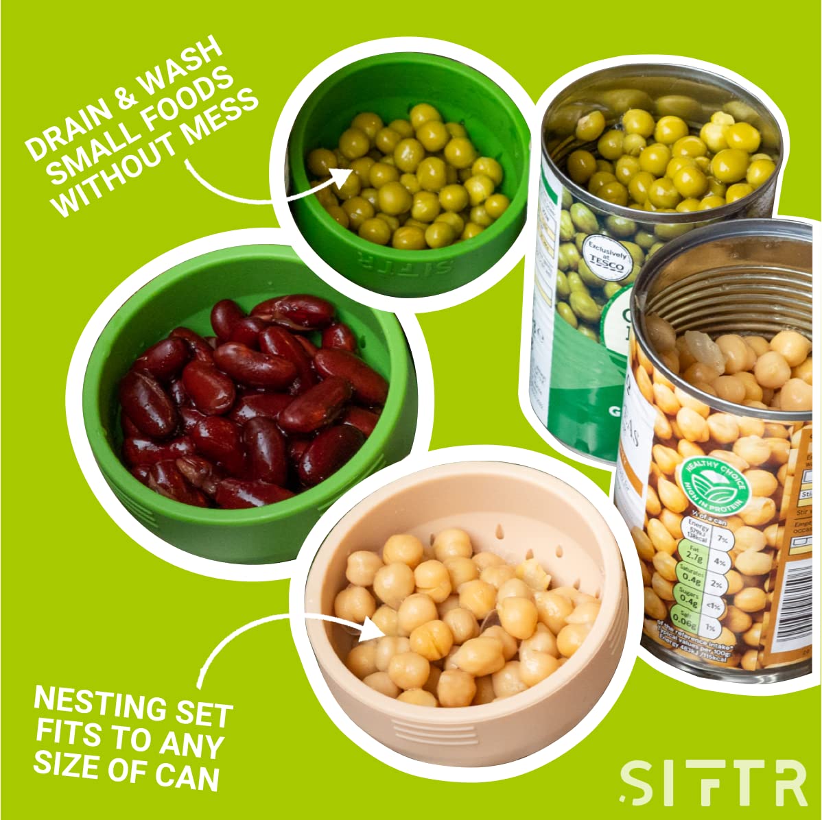 SIFTR (GREEN) Nesting Can Strainer Mini Colander Set - Space Saving Small Colanders and Strainers - Multi Use Kitchen Gadget - Silicone Can Strainer