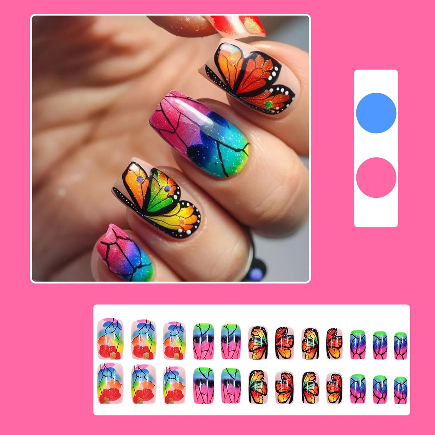 RUOKEXIN Fall Press on Nails Medium Length Fake Nails Square False Nails with Butterfly Designs Sparkly Artificial Nails Full Cover Nail Press ons for Women 24Pcs