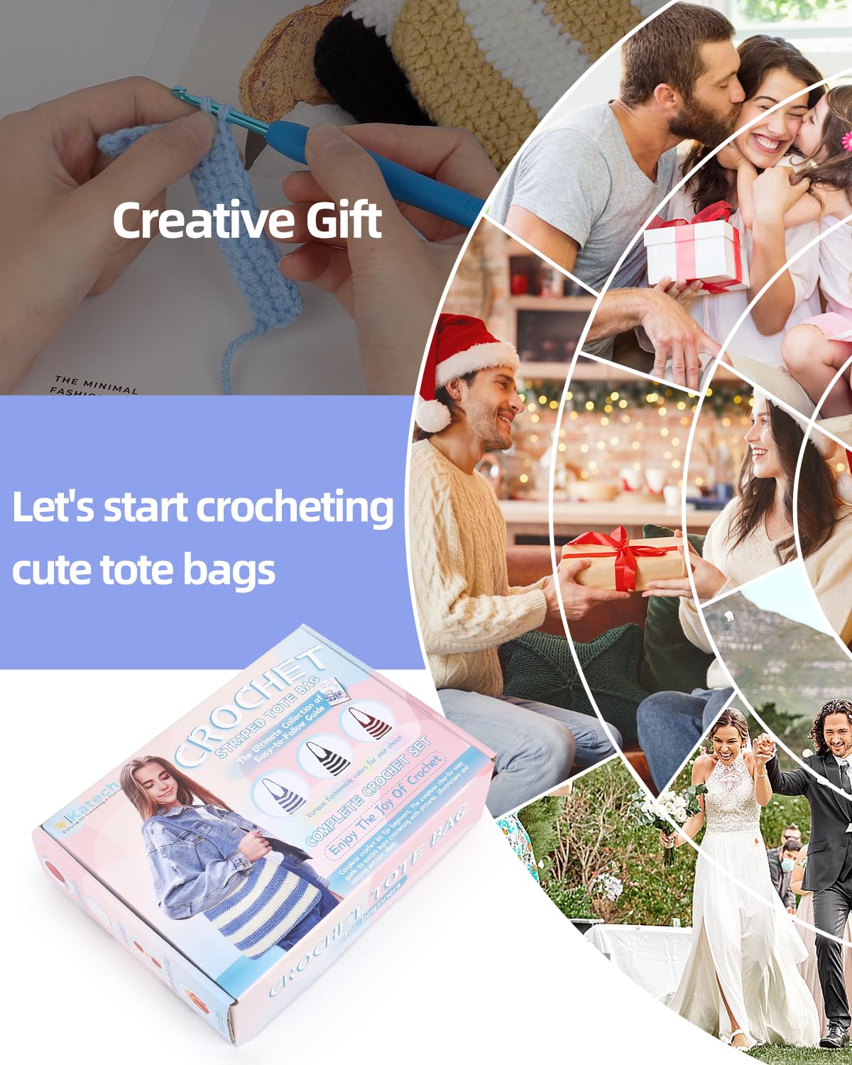 Katech Crochet Kit for Beginners, Striped Tote Bag Crochets Set Includes Yarn Crochet Hooks, Complete Crochets Step-by-Step Guide Needles Accessories Adults Crocheted Starter Kit Crocheter Gift
