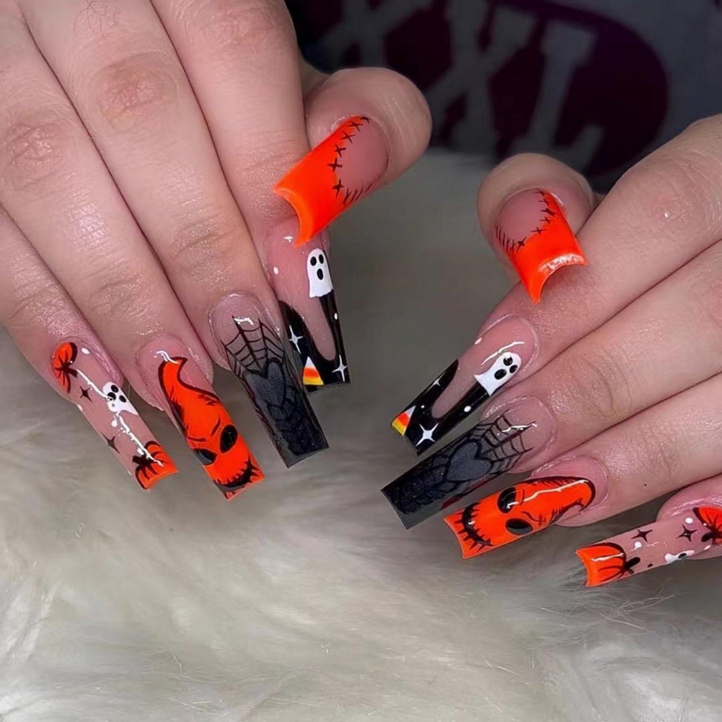 24pcs Halloween Press on Nails Long Square Fake Nails Monster Patch Pumpkin Ghost Spider Web designs Acrylic False Nails Glossy Full Cover Orange Black Glue on Nail for Women Party Manicure