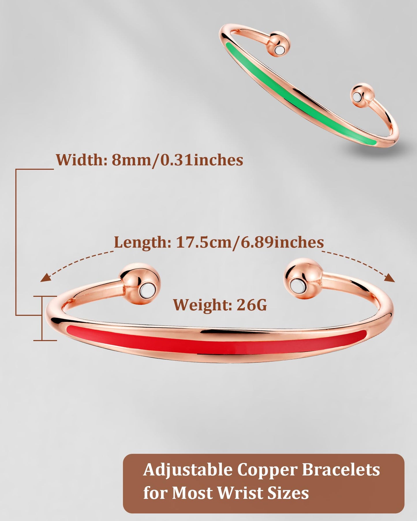 BioMag 2Pcs Copper Bracelets for Women Men, 99.9% Pure Copper Magnetic Bracelet Cuff Bangle with 8Pcs Magnets, Adjustable Jewelry Gifts (Green, Red)