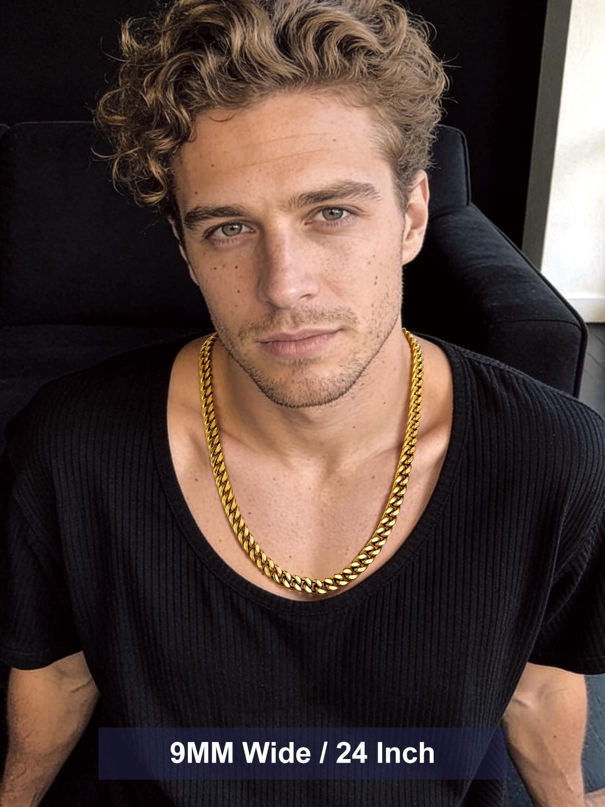 Bandmax Mens 9MM Chunky Chain Necklace 24 Inches 14K Gold Plated Miami Cuban Link Chain for Men Cool Big Rapper Chains Gift for Him