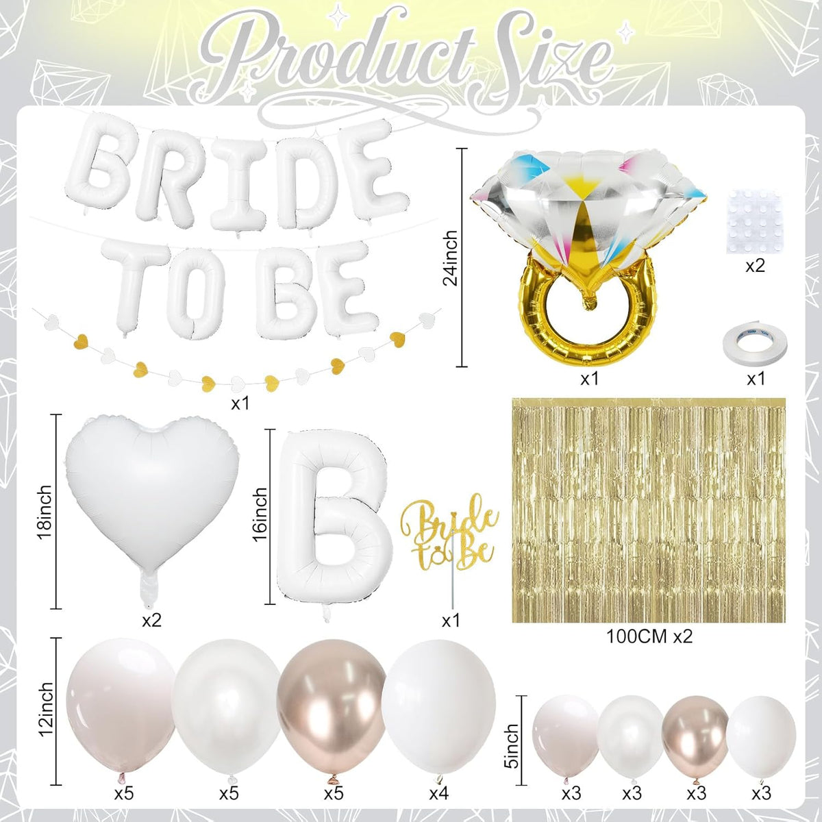 White Gold Bachelorette Party Decorations, Bride To Be Mylar Foil Letter Balloons with White Champagne Balloons and Light Gold Fringe Curtains for Bridal Shower Decoration Engagement Hen Party Decor