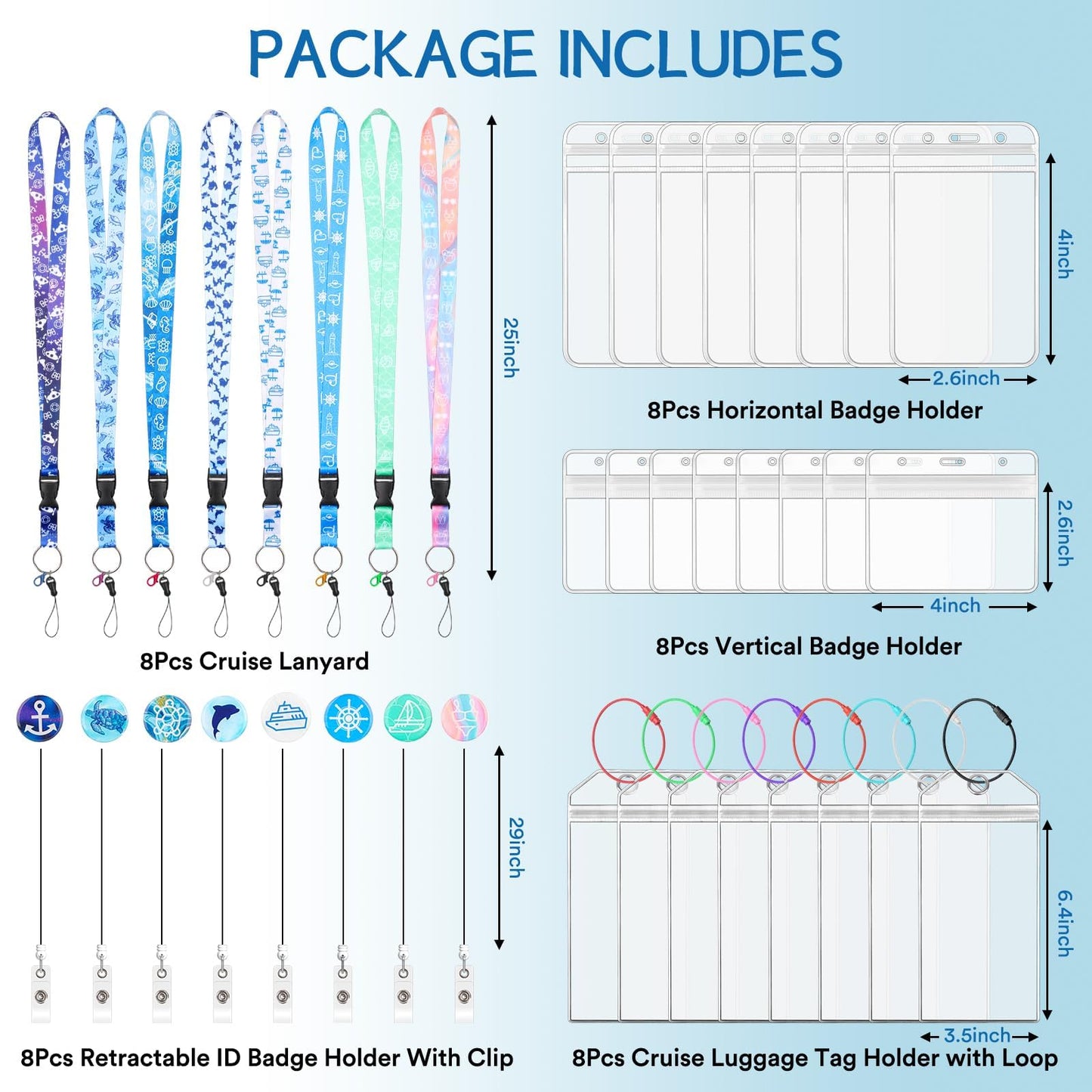 8 Pack Cruise Lanyards Set for Ship Cards, with Retractable Badge Reel Waterproof Luggage Tag Holders Id Card Holders, Sea-Themes Pattern for All Cruises Ticket Key Cards Luggage Tag